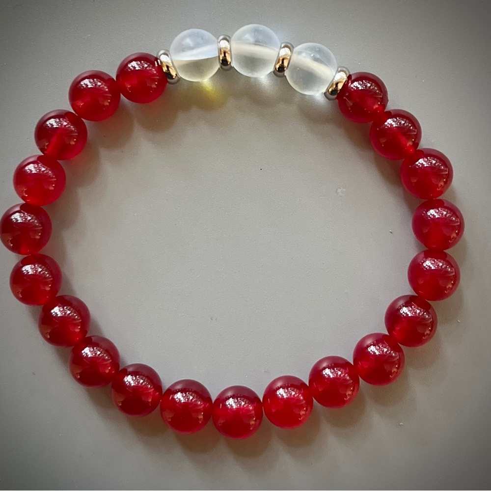 Cranberry Red Jade and Mystic Aura Quartz Handcrafted Bead Bracelet